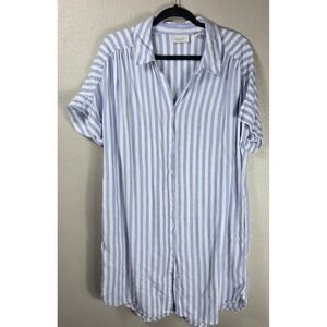 Ecothreads Blue White Stripe Linen Blend Button Front Shirt Dress